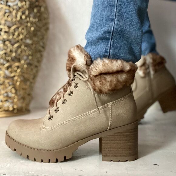 Hiking Beige Faux Suede Combat Booties - Picture 6 of 8